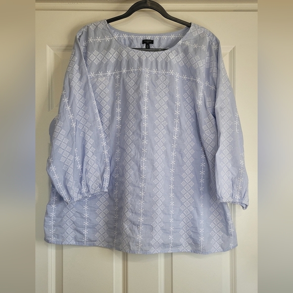 Talbots Blue & White Cotton Embroidered Peasant Top - Size 2X - Picture 1 of 8